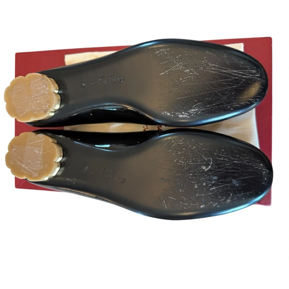 Salvatore Ferragamo Black Patent Vara Bow Loafers with Gold Accent FITS LIKE A 7